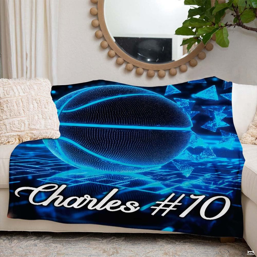 Neon cyber basketball throw blanket view 7 highlighting glowing cyan court graphics and sporty bedroom styling