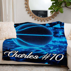 Neon cyber basketball throw blanket view 7 highlighting glowing cyan court graphics and sporty bedroom styling