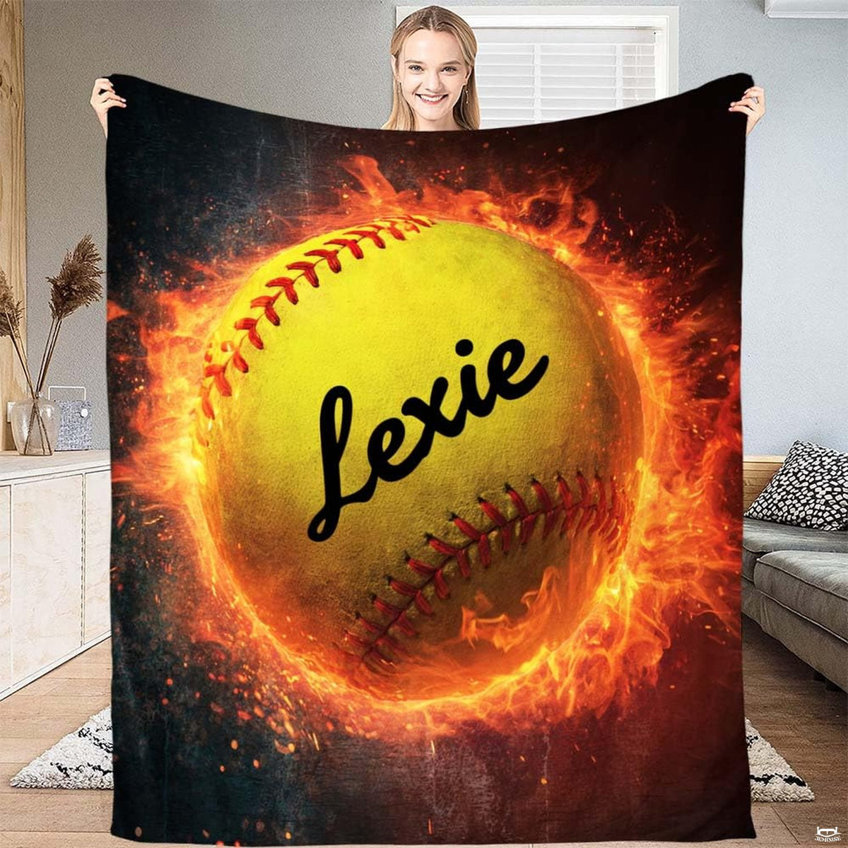 Softball in blazing fire artwork blanket flat layout display