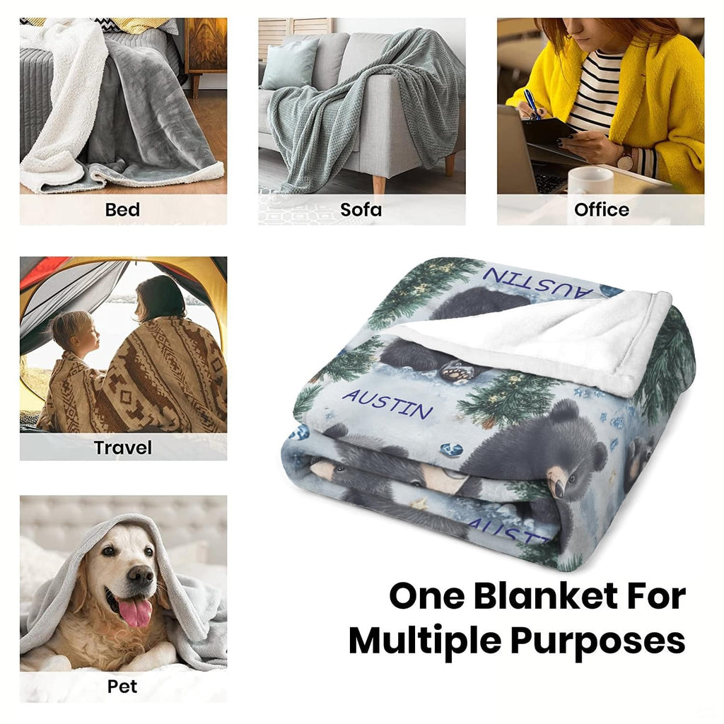 Full display of black bear cubs and winter evergreens pattern on decorative home throw