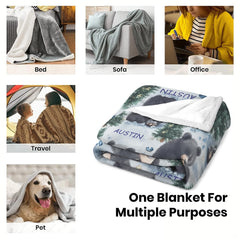 Full display of black bear cubs and winter evergreens pattern on decorative home throw