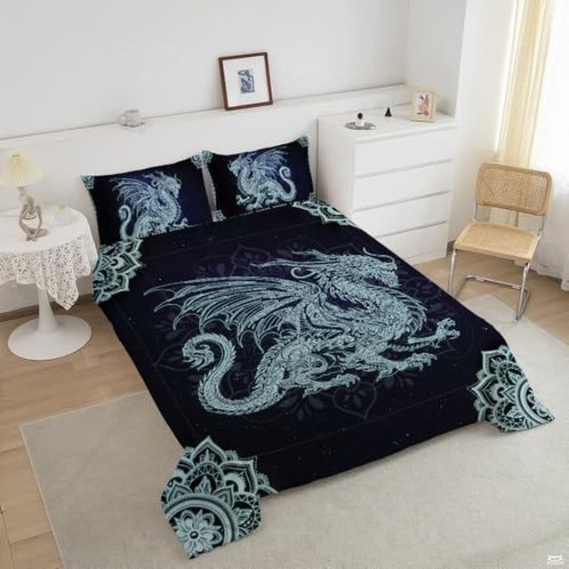 Angled bedroom view highlighting ornate cyan linework dragon bedding with matching printed pillow shams.