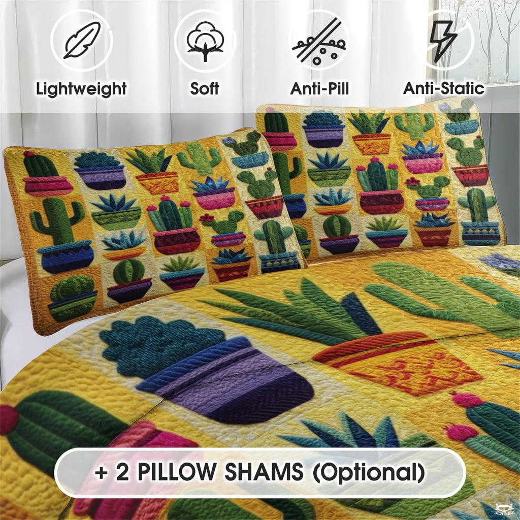 Personalized Vibrant Potted Cactus Garden Quilt Set, Machine Washable