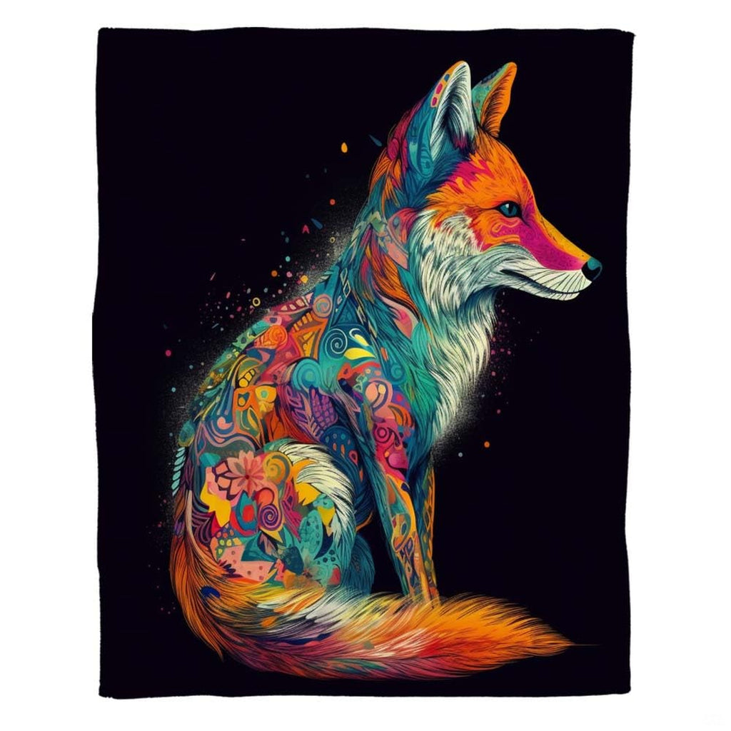 Woman holding open psychedelic paisley fox throw blanket in bright apartment room