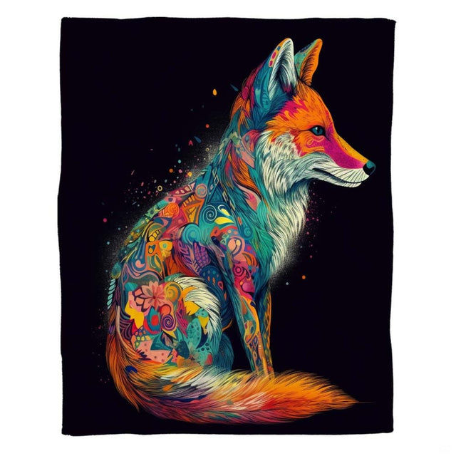 Woman holding open psychedelic paisley fox throw blanket in bright apartment room