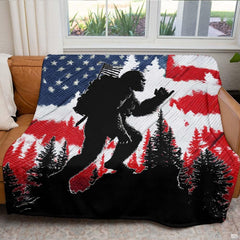 Patriotic Bigfoot throw blanket view 5 highlighting hiking Sasquatch silhouette and American flag pine trees