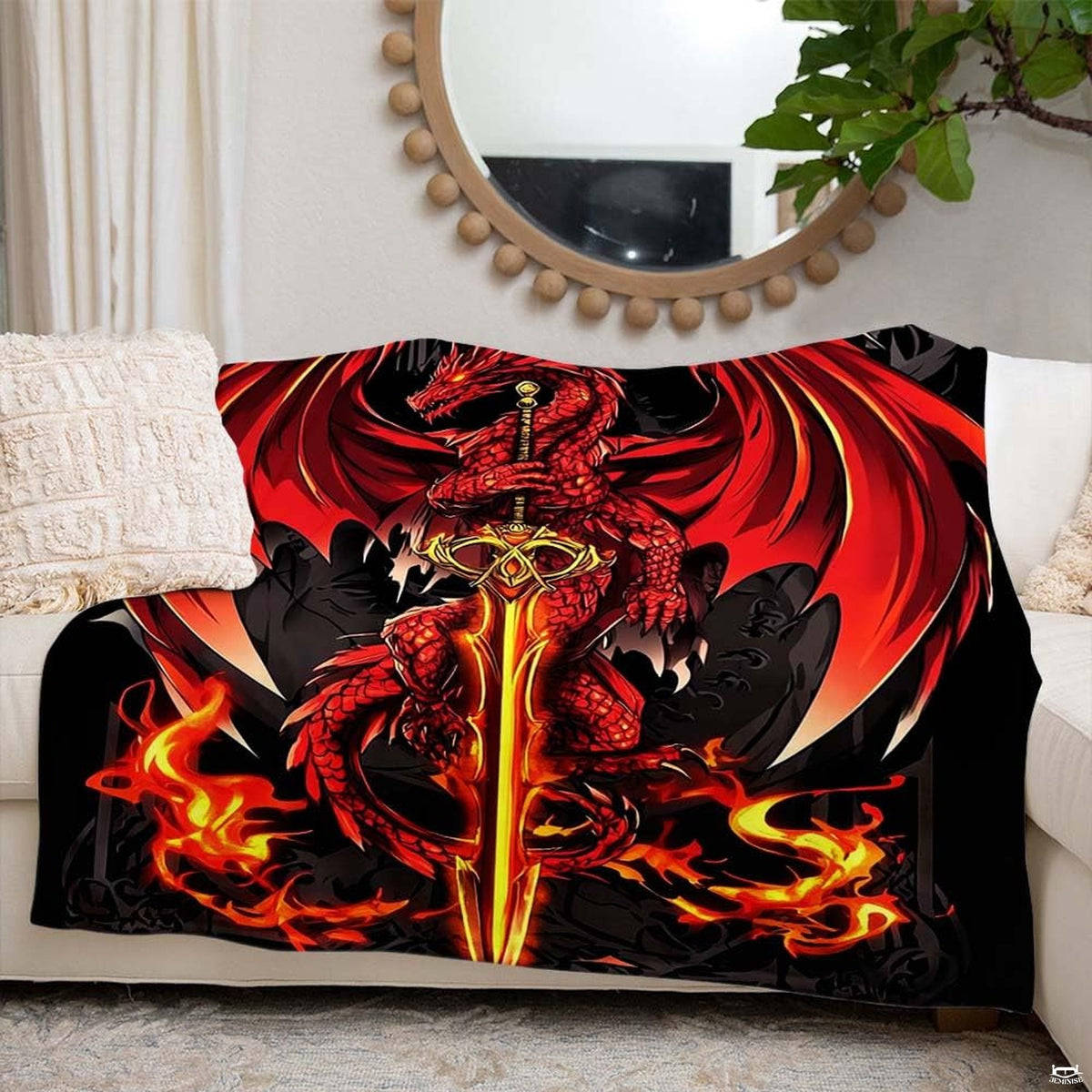 Feature diagram for the red dragon sword throw blanket showing rich print quality and durable construction.