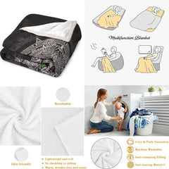 Folded textile display beside lifestyle activity illustrations and domestic appliance.