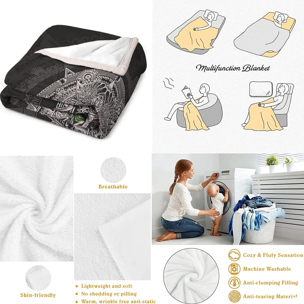 Folded textile display beside lifestyle activity illustrations and domestic appliance.