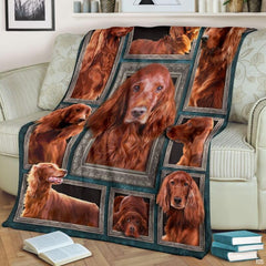 Irish Setter throw blanket styled across a living room sofa near stacked books and a cup.