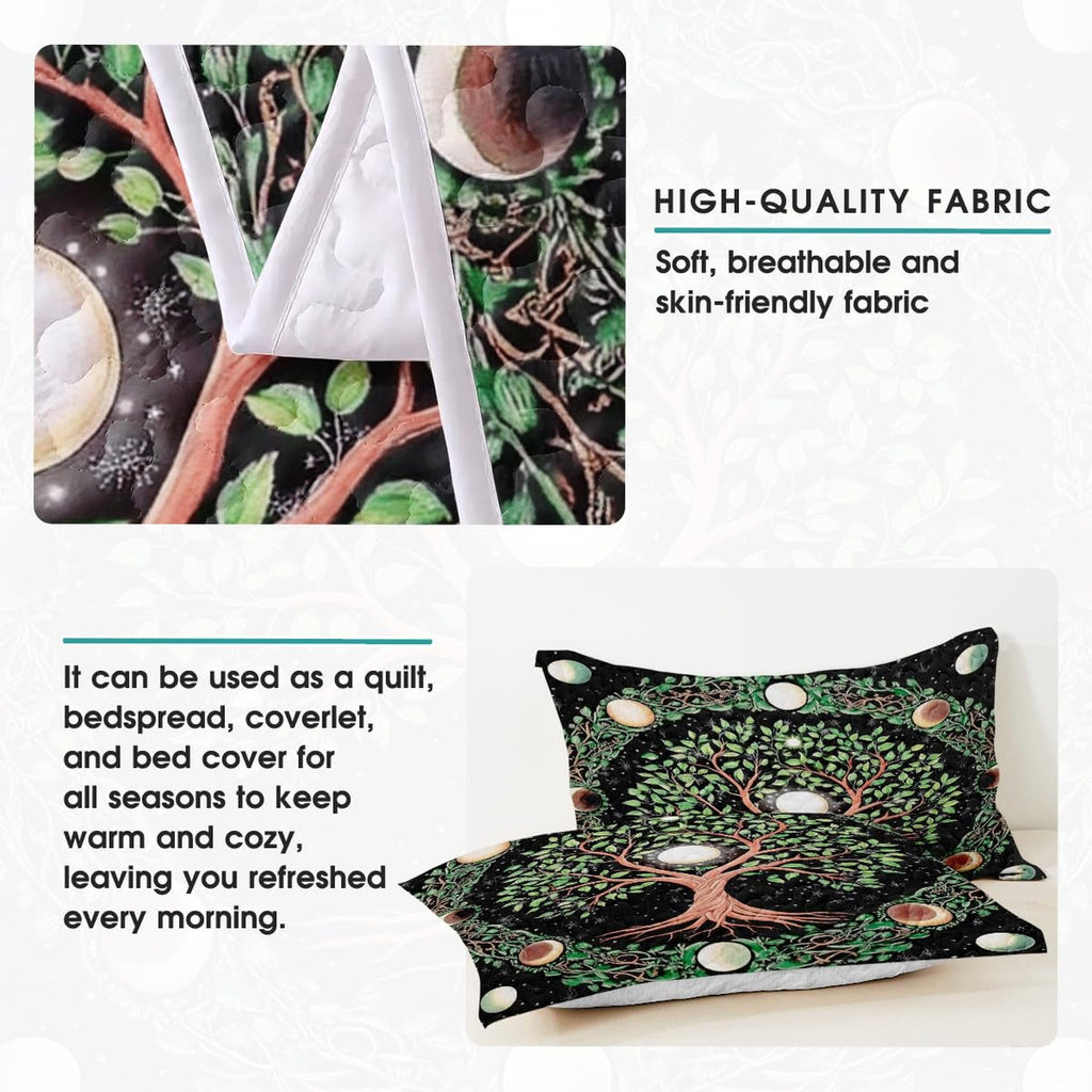 Corner angle of botanical bedding highlighting detailed leaf printing, pearl moon tones, and rich black contrast