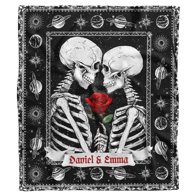 Dark romance bed set displaying skeleton lovers holding a red rose amidst celestial stars and planets.
