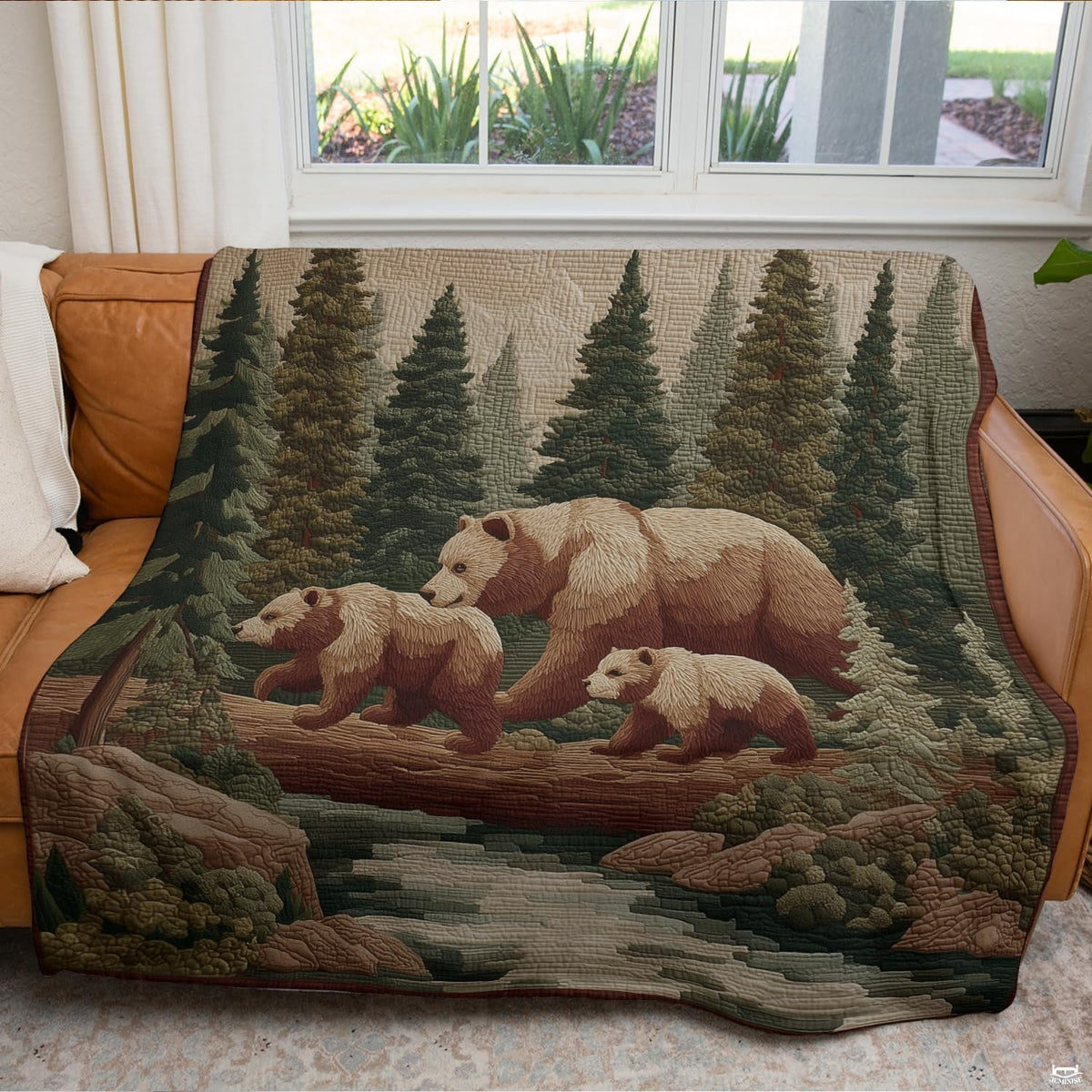 Overhead angle of the rustic wilderness forest artwork displaying river reflections and textured evergreen foliage.