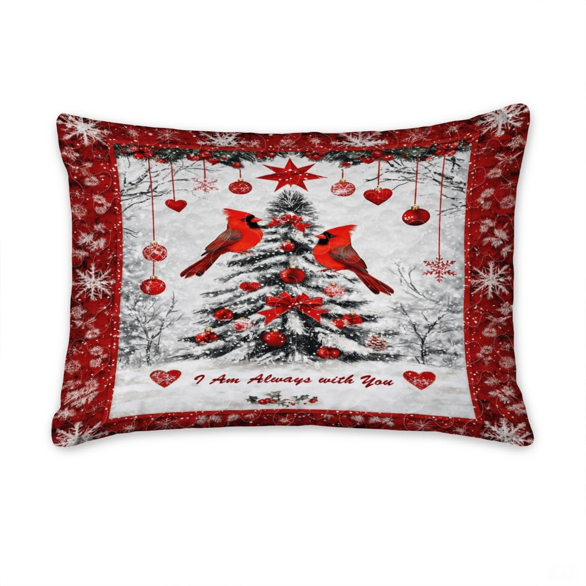 Cardinals Perched Beside Decorated Christmas Tree Patchwork Winter Quilt