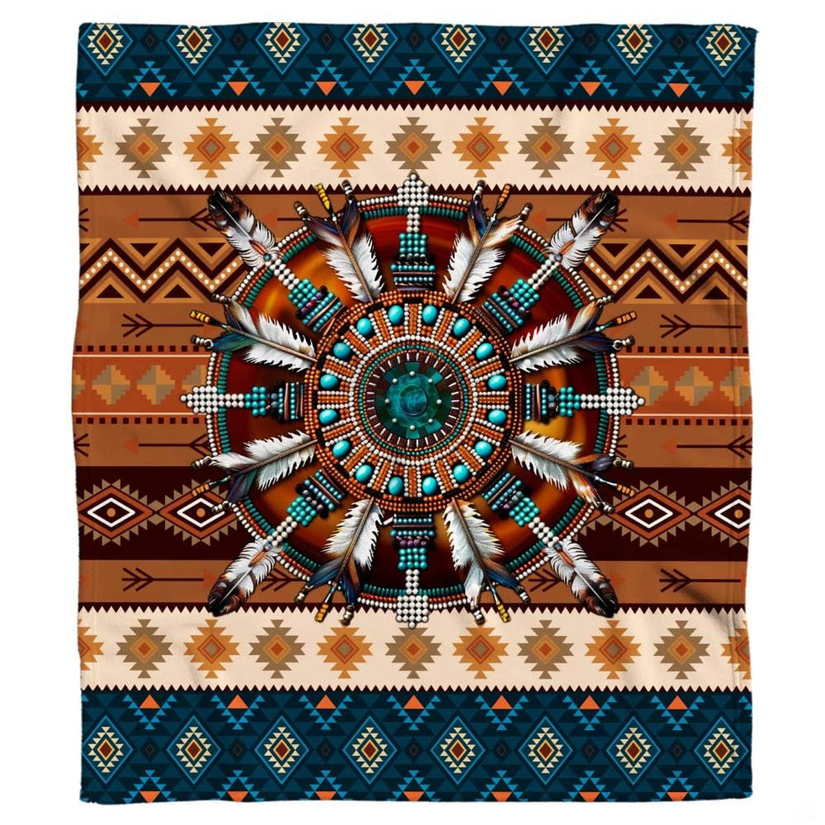 Close view of circular mandala motif with suspended feathers on turquoise boho bedding.