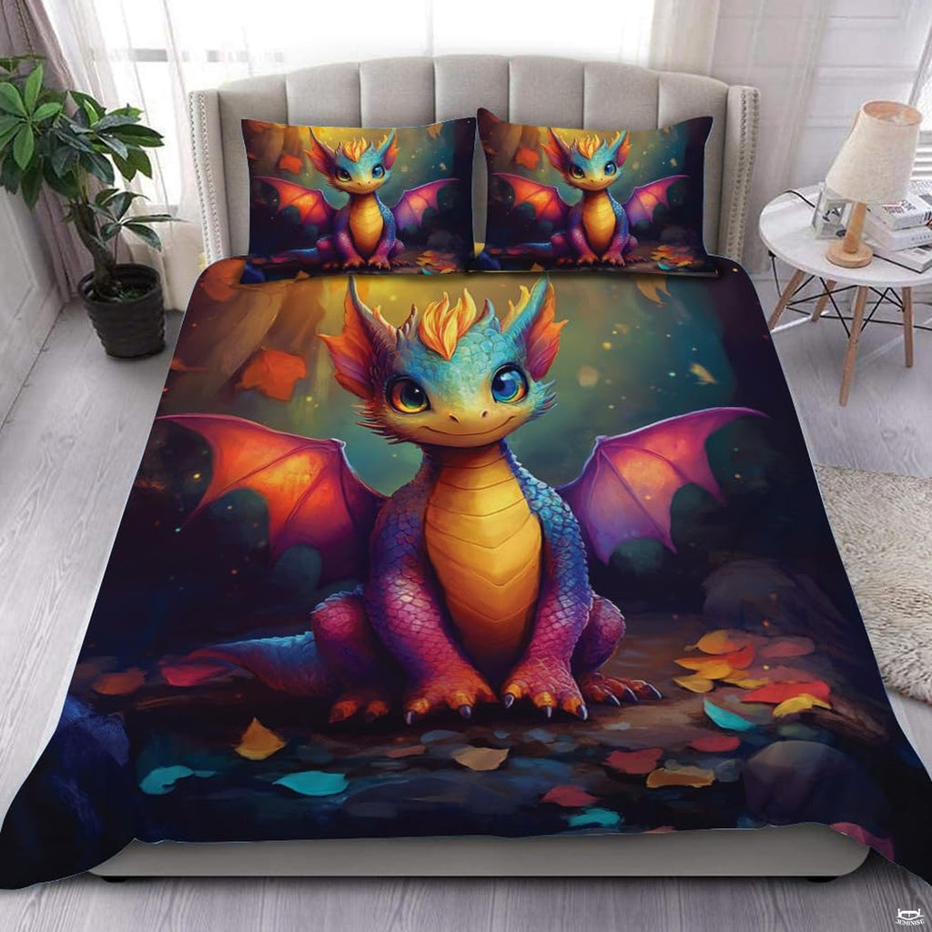Colorful baby dragon bedding in a bright bedroom