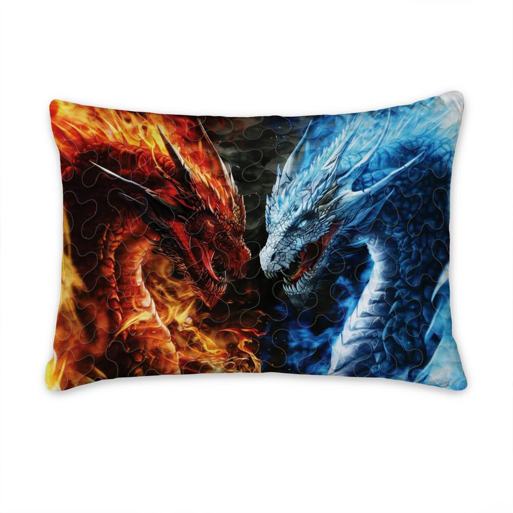 Pillow sham with opposing red fire and blue ice dragon heads