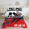 Ice hockey bedding featuring skater silhouettes and diagonal athletic speed stripes in racing red and cyan