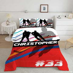 Ice hockey bedding featuring skater silhouettes and diagonal athletic speed stripes in racing red and cyan