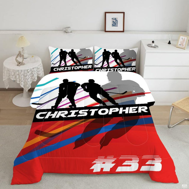 Ice hockey bedding featuring skater silhouettes and diagonal athletic speed stripes in racing red and cyan