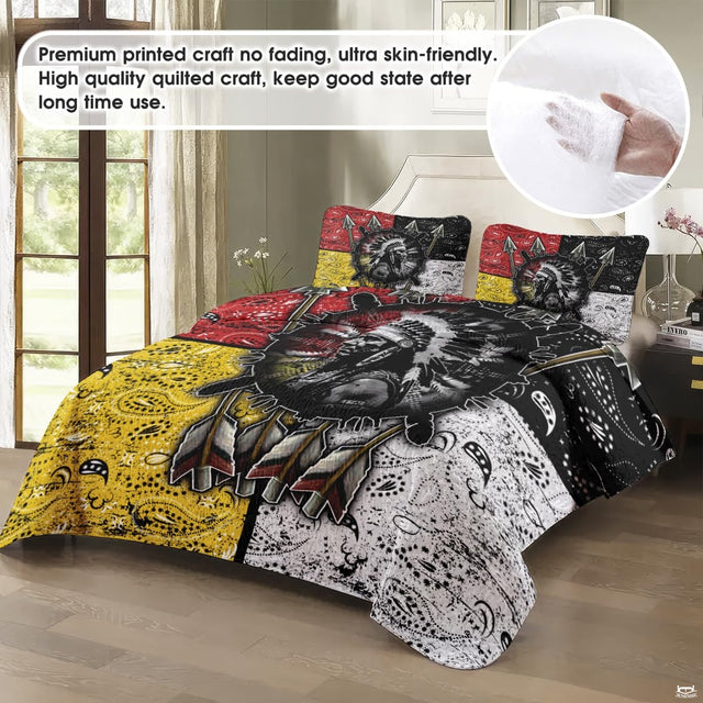 Native indian bedding design showcasing crossed arrows, hanging feathers, and central tribal shield motif.
