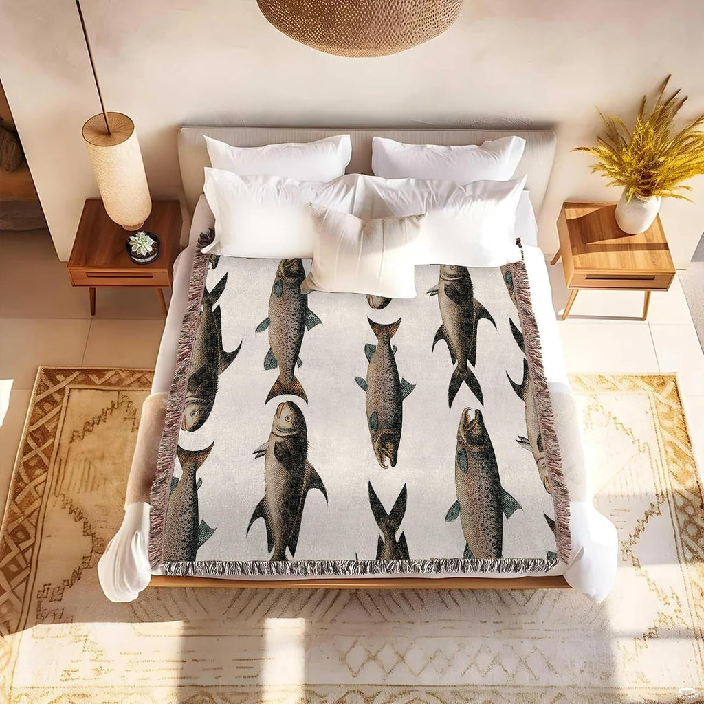 Close-up of heritage salmon and trout artwork rendered on vintage fish sheets for a rustic bedroom look.