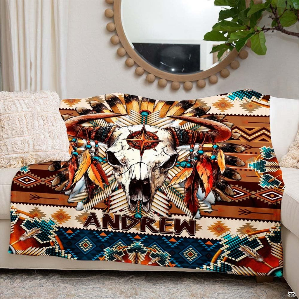 Lifestyle display of the tribal bull skull blanket in a southwestern home interior.