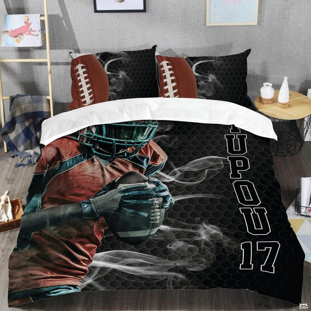 Close-up perspective of sports bedding detailing textured football lacing and athletic collegiate typography