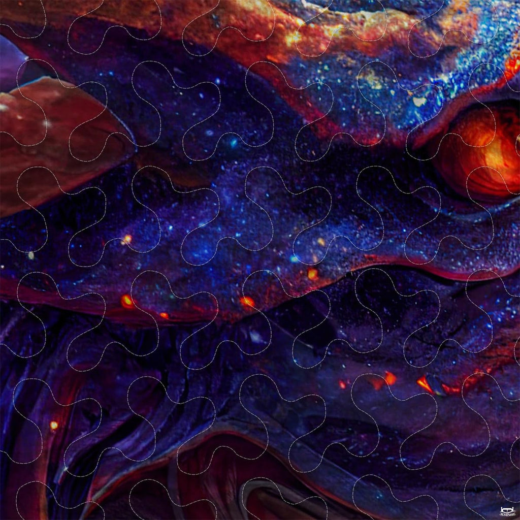 Close-up of star-speckled purple dragon scales and fiery orange eye