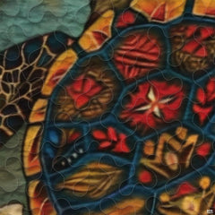 Close-up view of turtle bedding showcasing intricate Polynesian tribal motifs and hibiscus floral tones