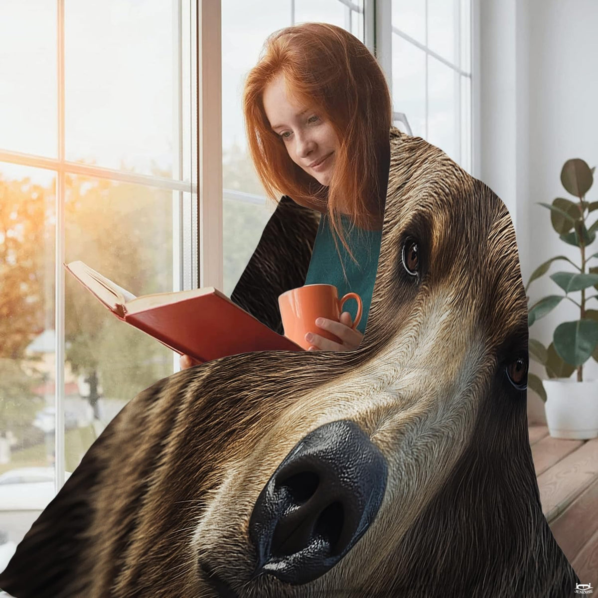 Overhead perspective of grizzly bear bedding set displaying rich tan, beige, and charcoal wilderness illustration tones