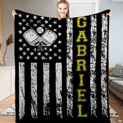 Distressed American flag graphic with crossed pickleball paddles and yellow lettering, view 2.
