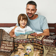 Personalized Blonde Girl Reading Amidst Bookshelves Blanket - Book