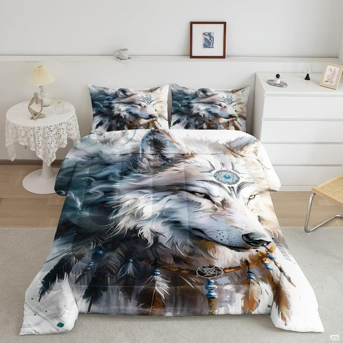 Wolf dreamcatcher bedding mockup with white wolf, turquoise ornament, beads, and feathers