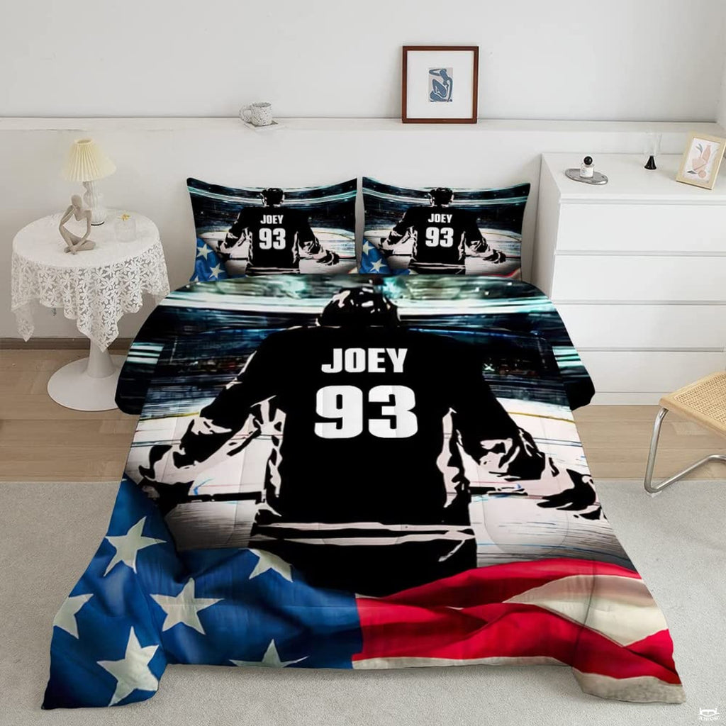 Ice hockey bed sheets visual showing a skater on the rink facing arena lights with draped American flag.