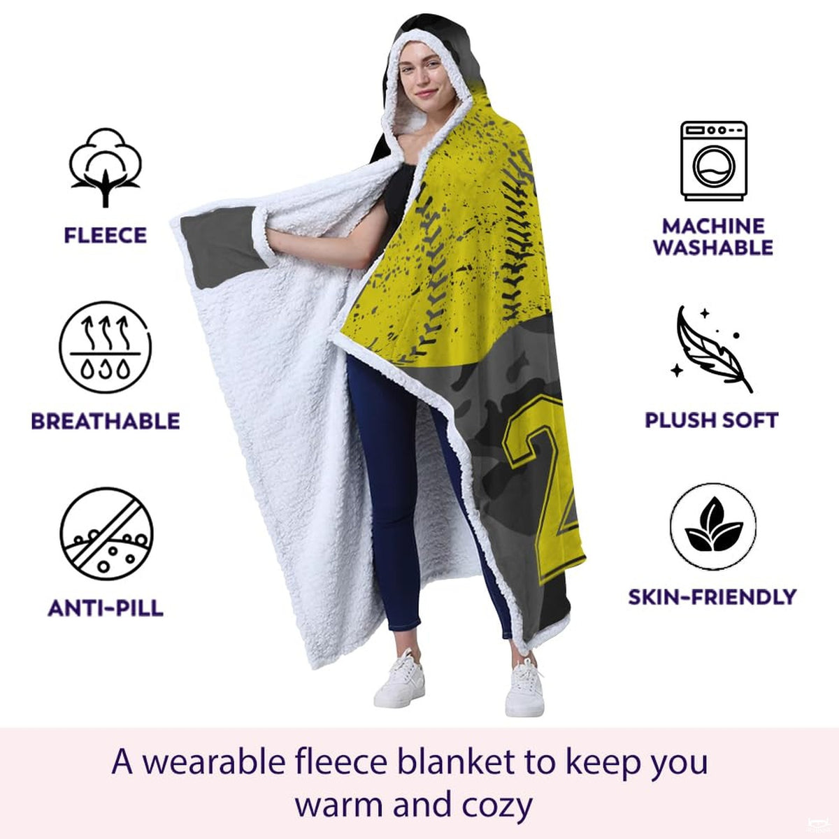 Overhead flat display showing the full softball and camouflage hooded blanket pattern.