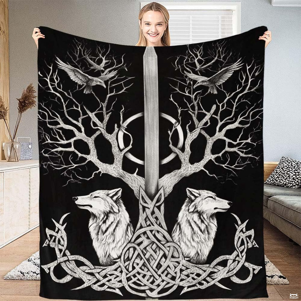 Norse Viking Yggdrasil wolves ravens throw blanket held open by woman
