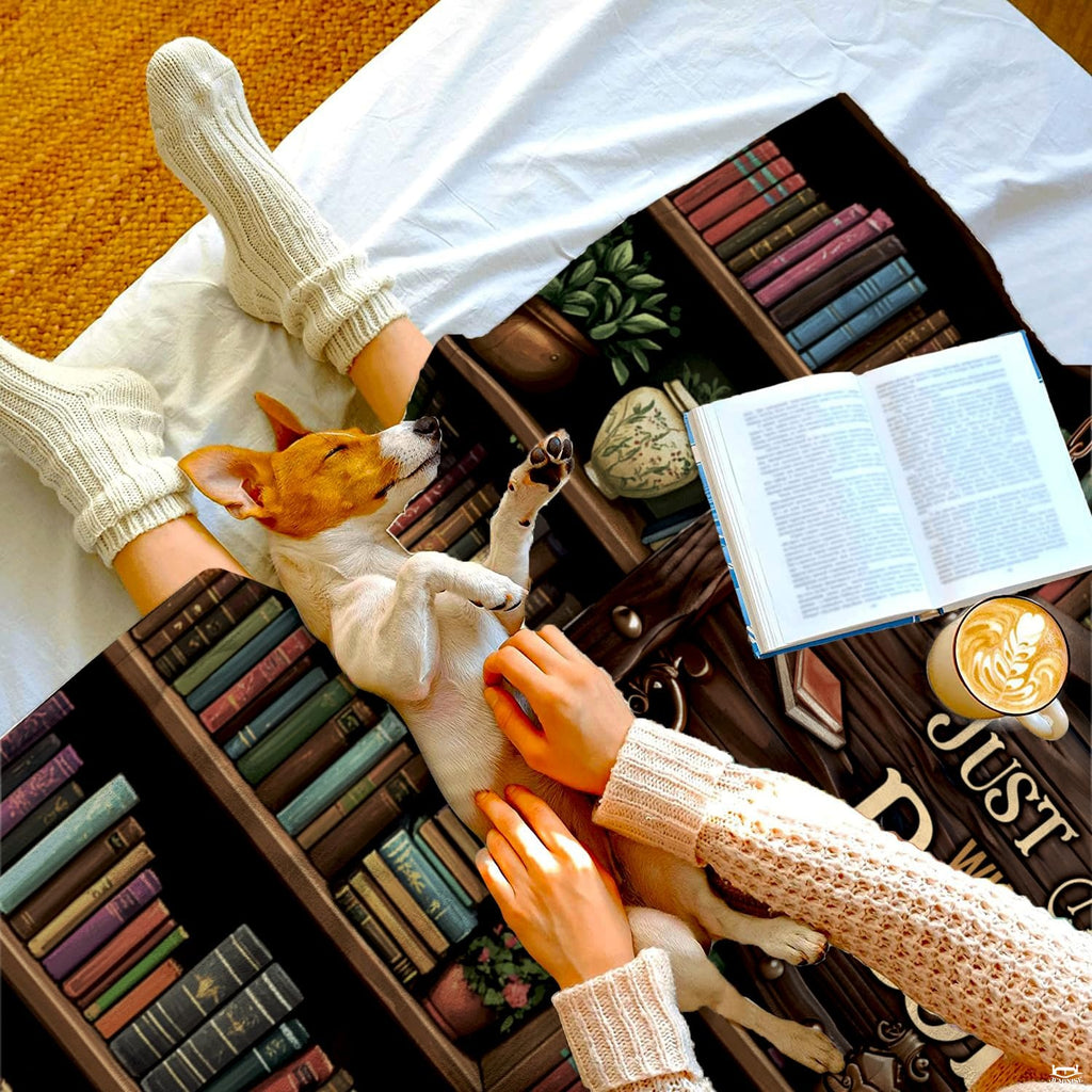 Bookworm girl throw blanket view 4 highlighting reader character, wooden library shelves, and houseplants
