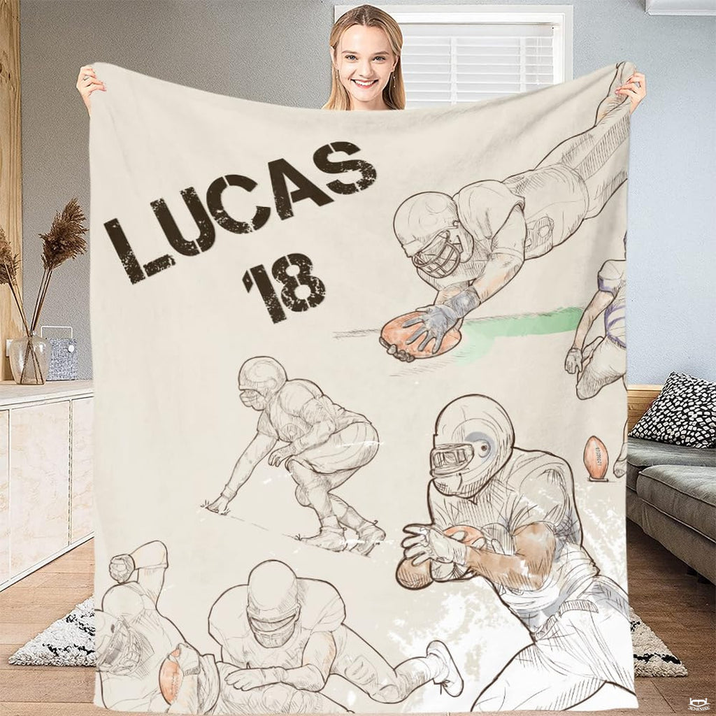 Woman holding up football action throw blanket featuring vintage sports sketch illustrations
