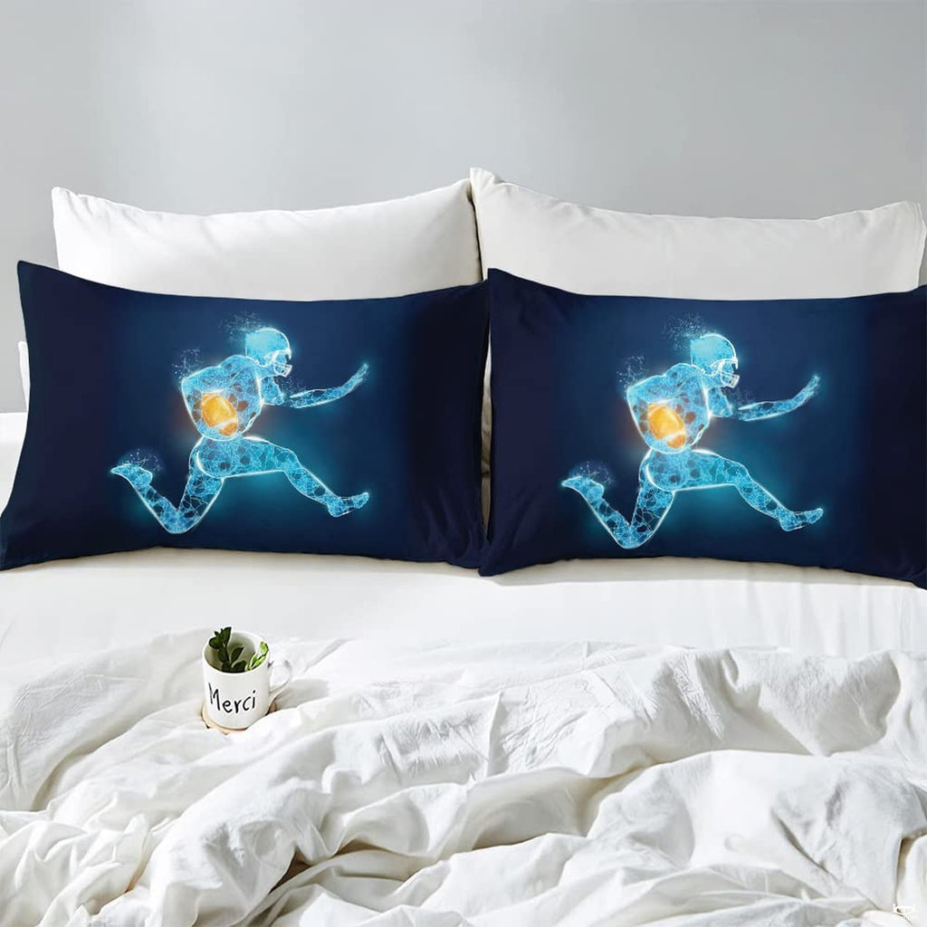 Corner fold view of neon football bedding highlighting crisp cyan graphic printing on navy backdrop