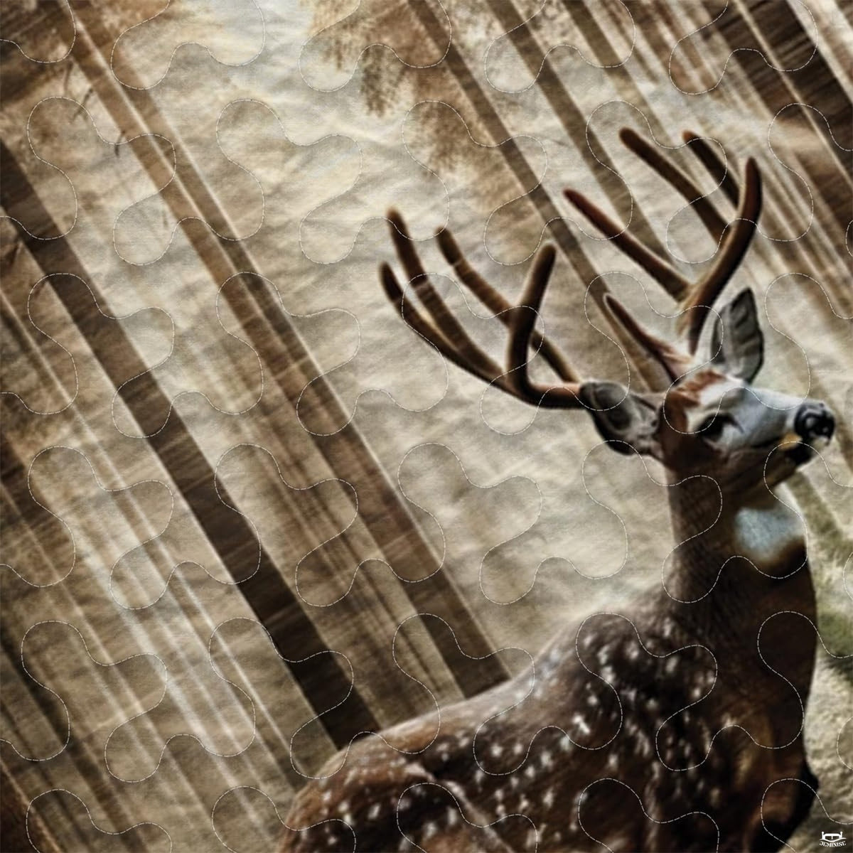 Detailed perspective of the woodland deer motif and geometric pine tree borders on forest animals bedding.