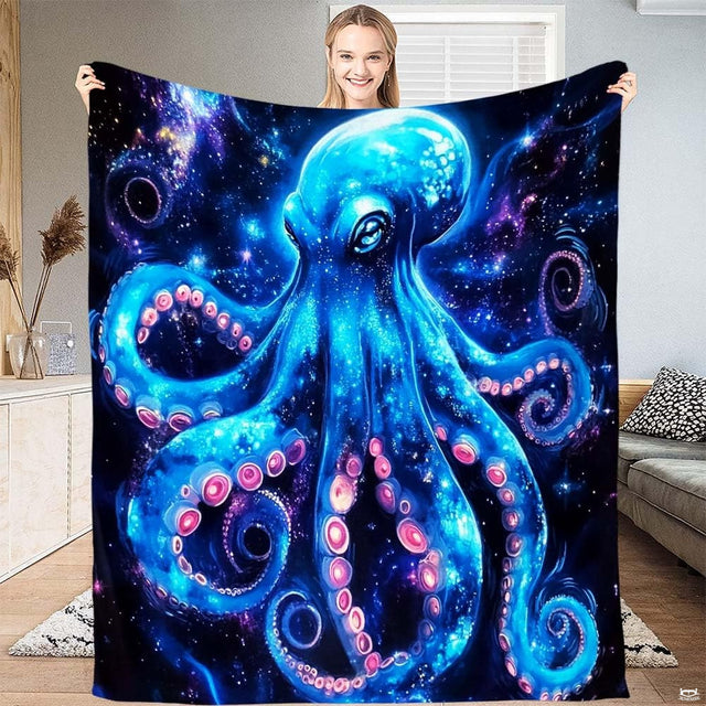 Detailed illustration of celestial octopus suckers glowing with magenta accents amid electric blue galaxy dust.