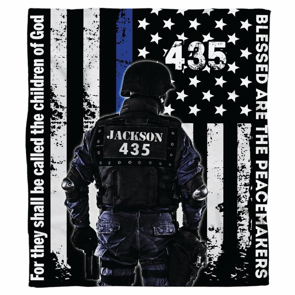 Tactical law enforcement motif with monochrome flag background and vibrant blue stripe graphic details.