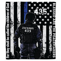 Tactical law enforcement motif with monochrome flag background and vibrant blue stripe graphic details.