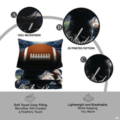 Overhead view of night stadium football sports bedding laid out neatly across an arranged modern bedroom bed