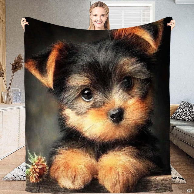 Yorkshire Terrier puppy resting furry paws on a rustic wooden ledge throw blanket