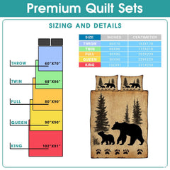 Bear and cub silhouette motif on antiqued beige background styled for woodland lodge bed cover tent decor.