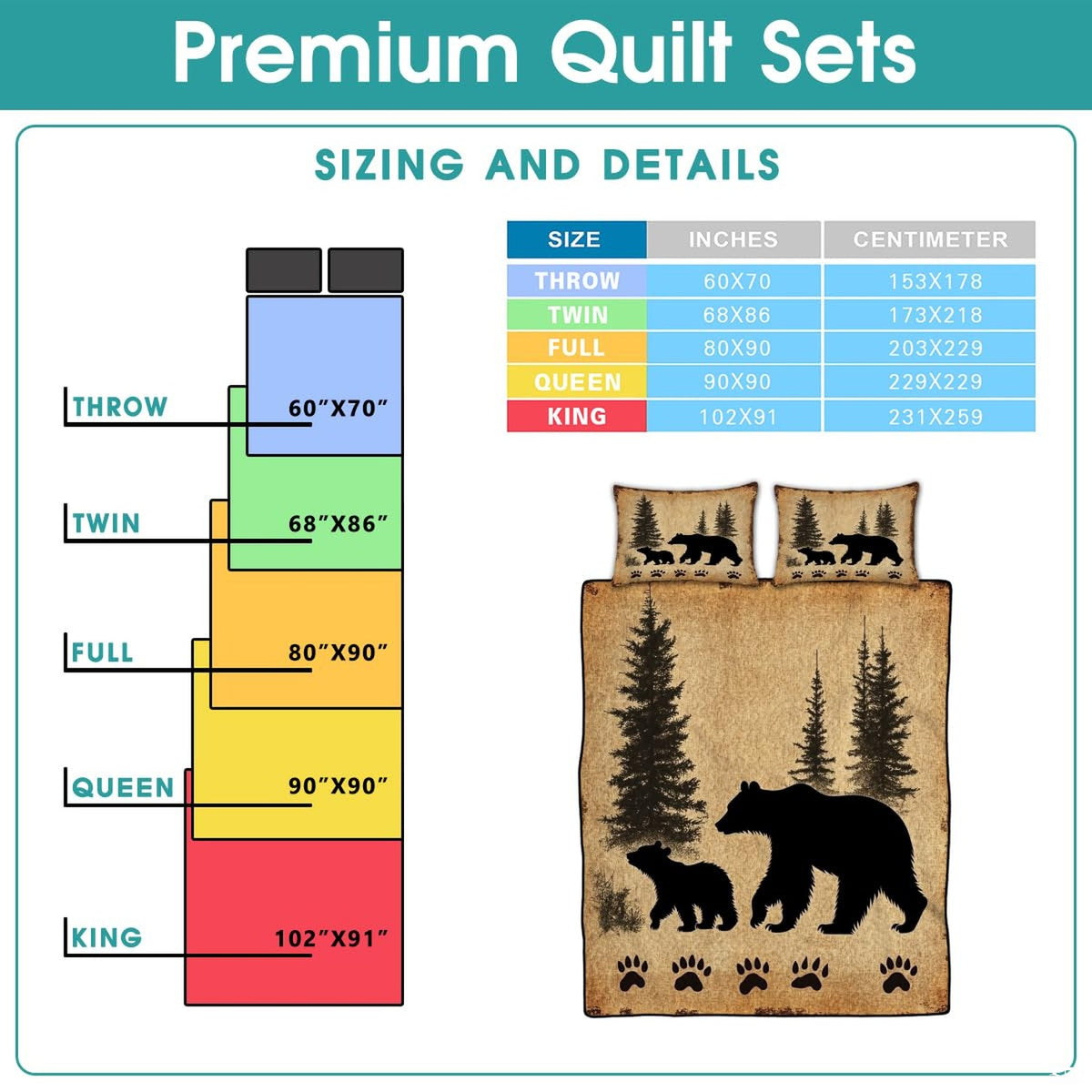 Bear and cub silhouette motif on antiqued beige background styled for woodland lodge bed cover tent decor.