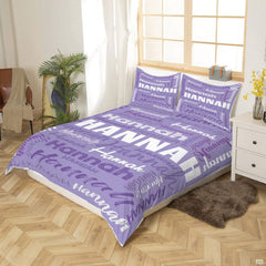 Detailed perspective of purple script and distressed lettering across a stylish bedding set.
