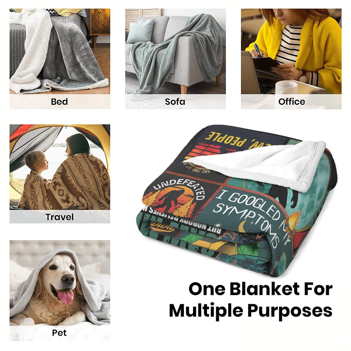 Collage showing versatile decorative uses for the patriotic Bigfoot blanket across living spaces.